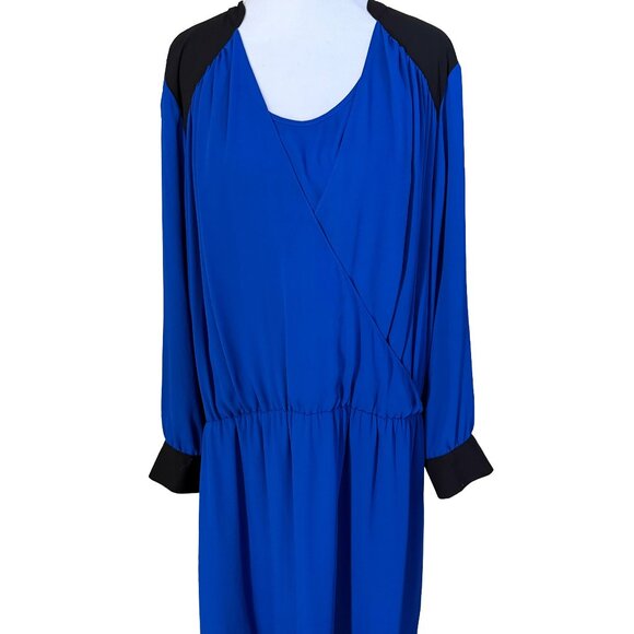 Vince Camuto Women's 2X Blue with Black Trim Faux Wrap Fit and Flare Dress - Picture 2 of 6